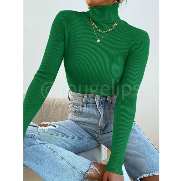 Green Rib-Knit High Neck, Turtleneck Sweater Long Sleeve Slim Fit - Picture 4 of 9